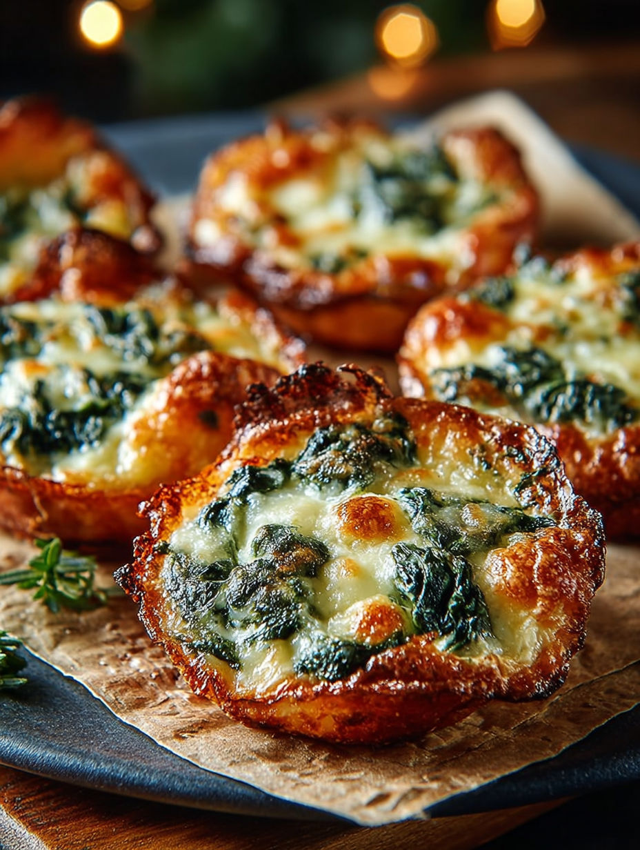 Une douzaine de mini quiches de spinach et de fromage sont présentés sur une plaque de bois.