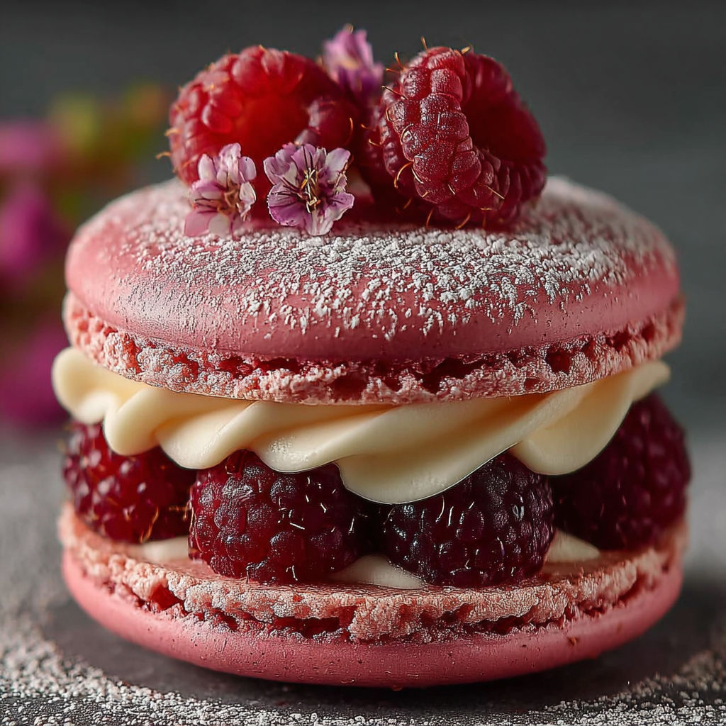 Un délicieux macaron géant framboise litchi est présenté sur une table.