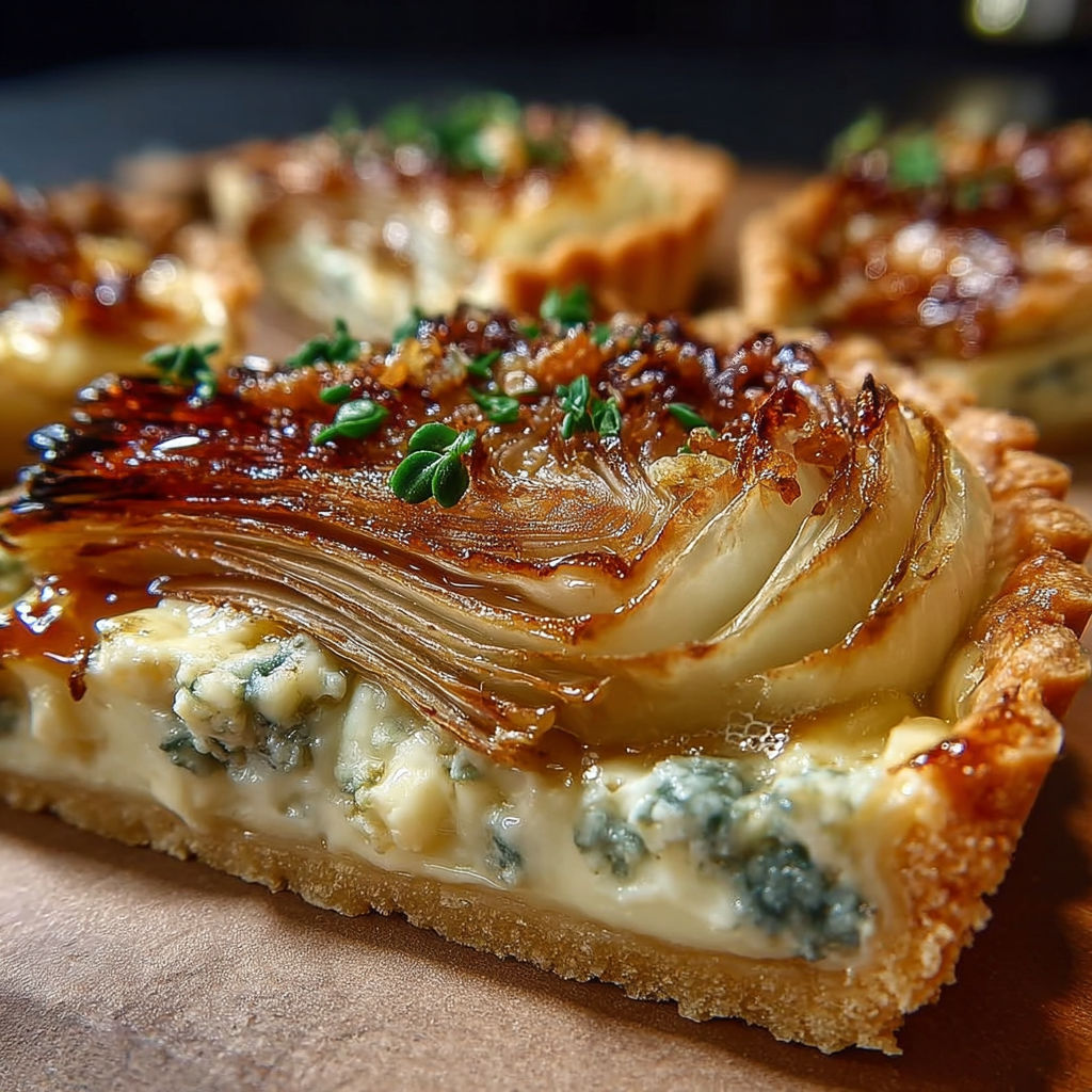 Une tartelette endives poires roquefort est servie sur une table.