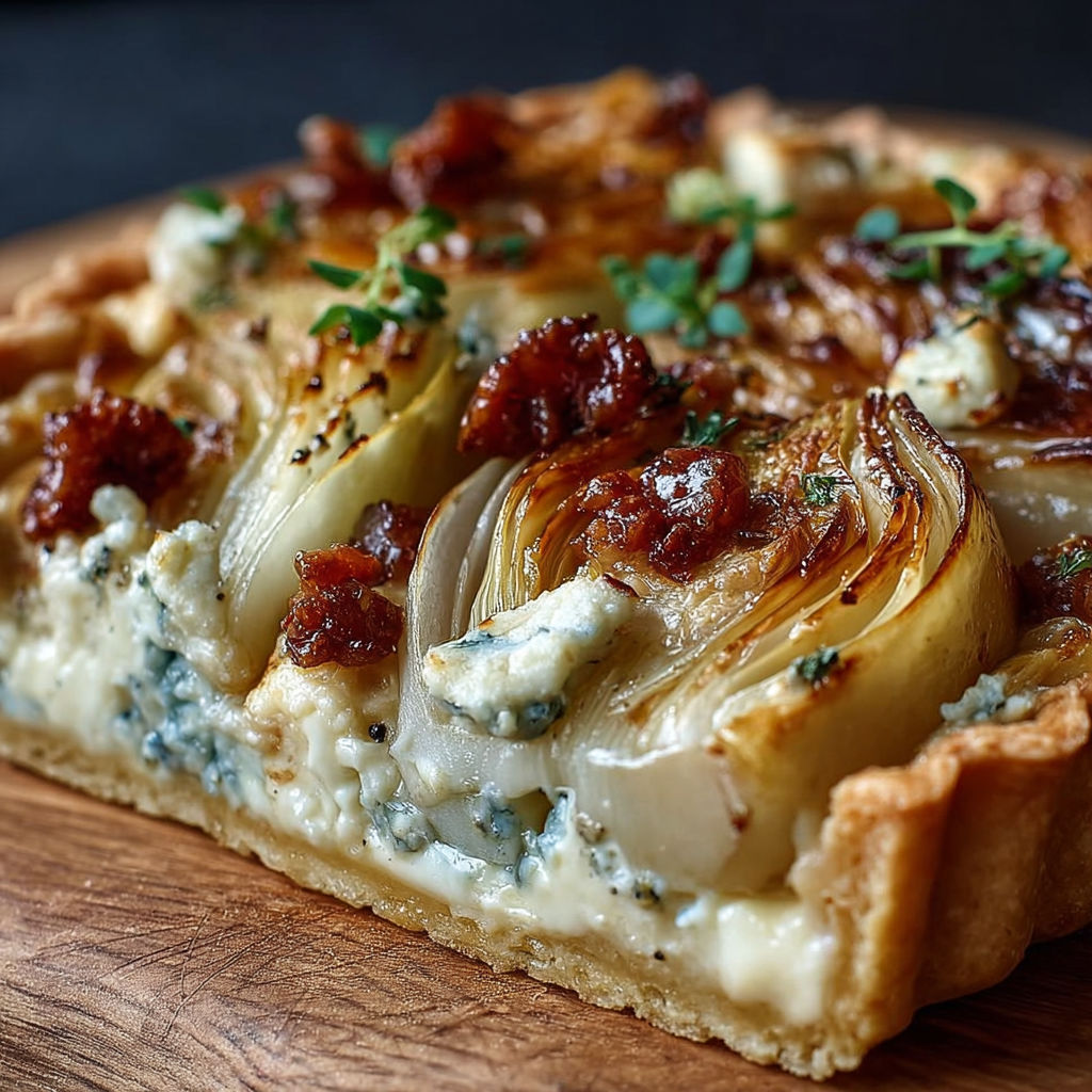 Une tarte aux légumes et fromage, avec des légumes tels que le chou et le bacon, est servie sur un plateau de bois.