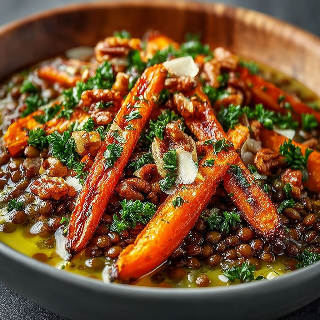 Une salade de carottes et de lentilles avec une sauce au pesto.