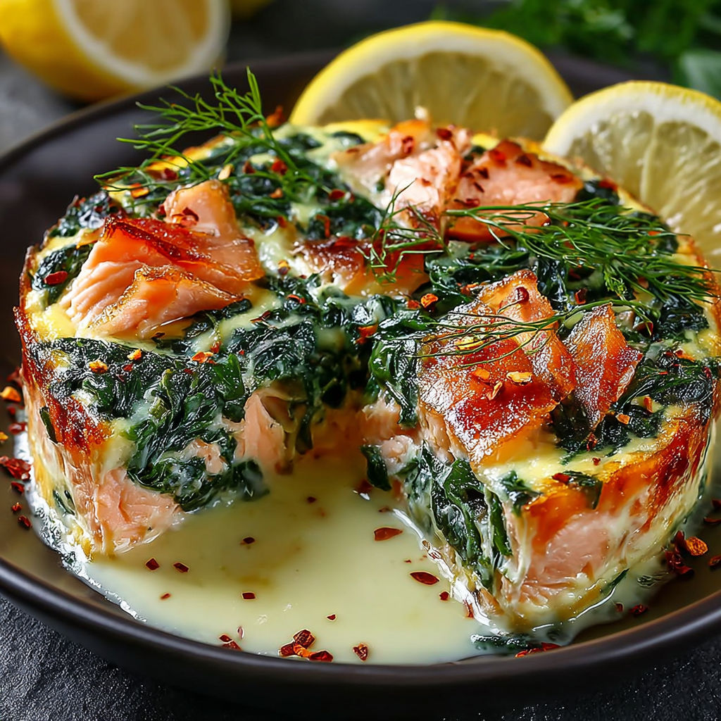 Un plat de flan saumon et épinards citron.