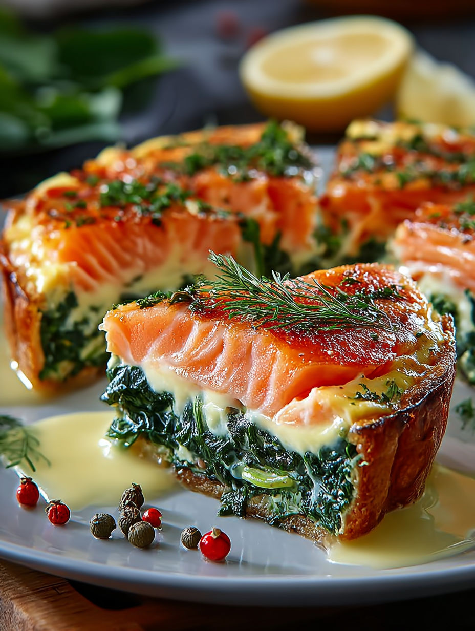 Flan Saumon Épinards Citron, une recette savoureuse et délicieuse, est servie sur un plateau avec des épinards frais et des citrons.