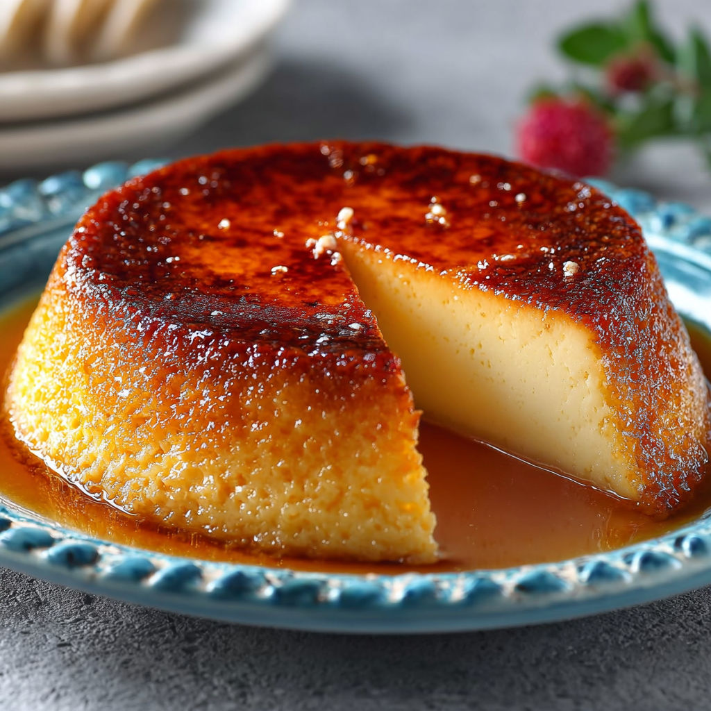Une portion de flan sans pâte ultra fondant, avec une sauce au caramel, est servie sur un plateau.
