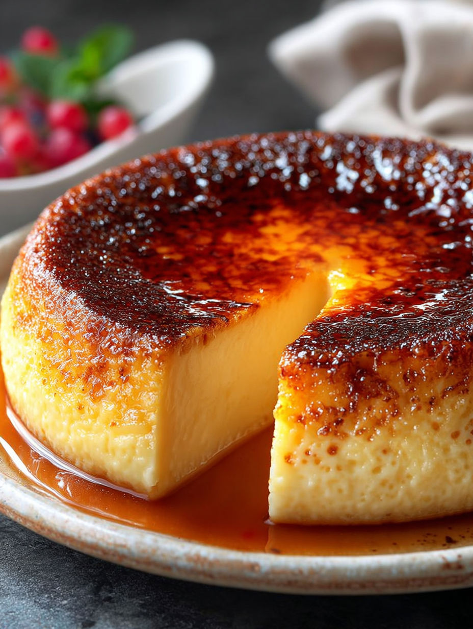 Une tarte aux fruits flambés est servie sur un plateau.