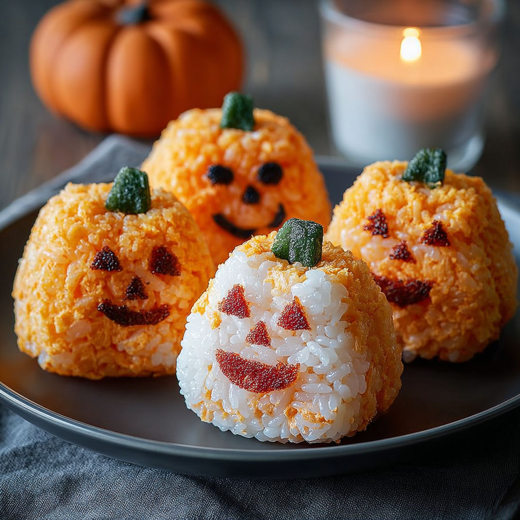 Three miniature pumpkin-shaped rice cakes with smiling faces, arranged on a plate, ready to be enjoyed as a Halloween treat.
