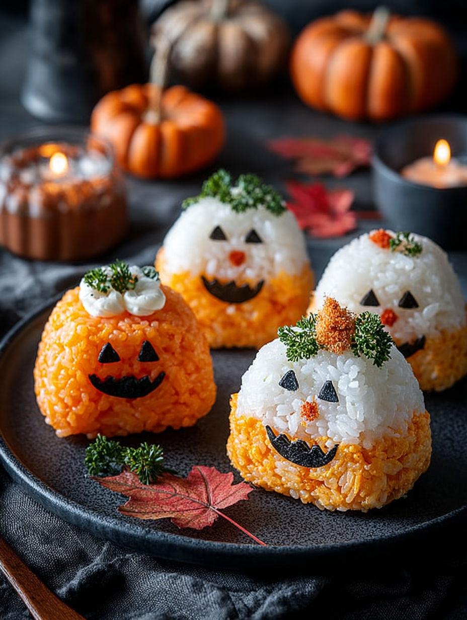 Rice cakes avec des fruits et des feuilles de chrysanthème, formant des desserts gourmands.
