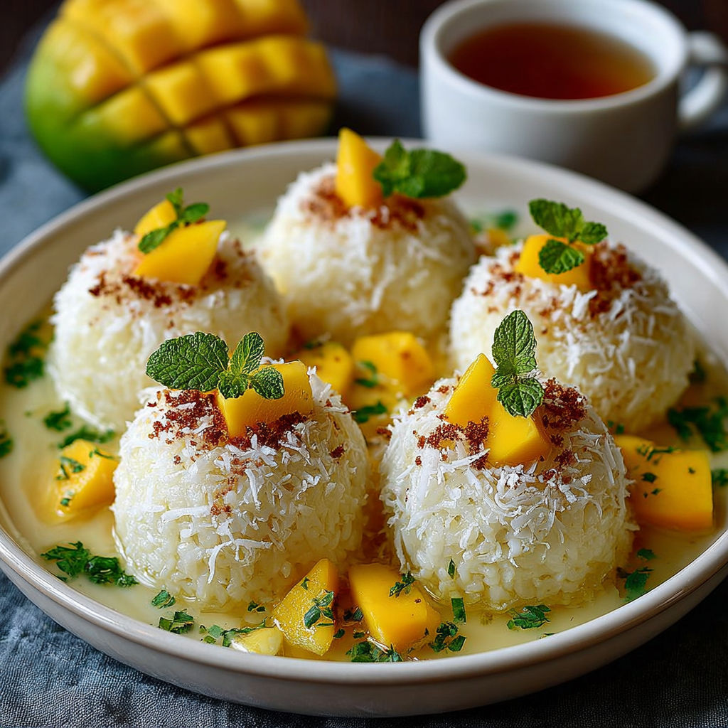 Boulettes de Riz Coco Mangue - Une plate de boulettes de riz avec des mangues et des herbes vertes.