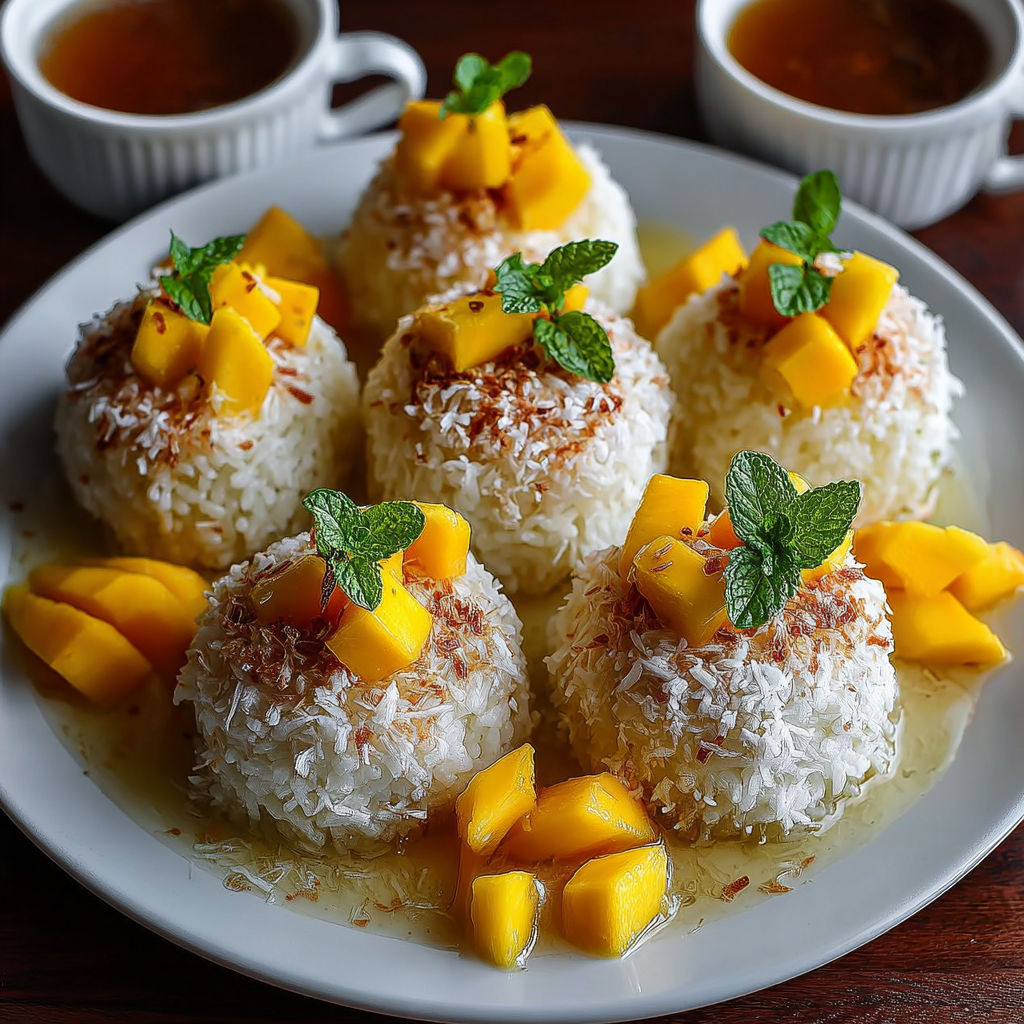 Une plate de desserts de riz et de mangue avec des herbes vertes.