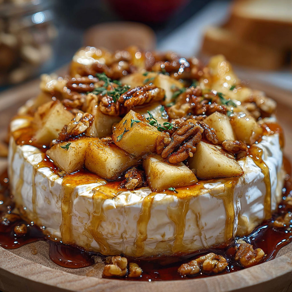 Une tarte de Brie fourre aux pommes érables, garnie de noix de cajou et sauce caramel.