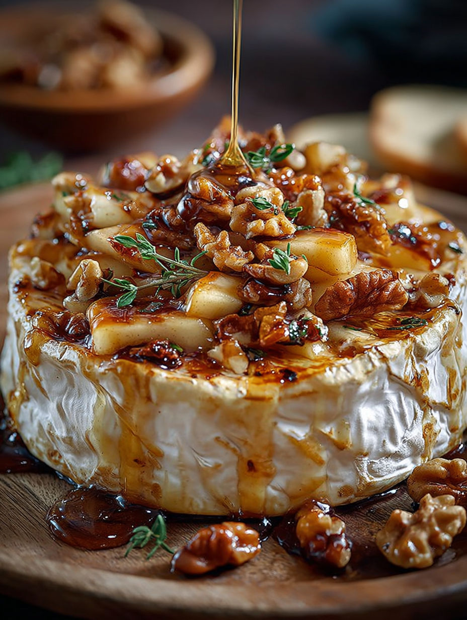 Une tarte de Brie fourre aux pommes érables, garnie de noix et de sauce.