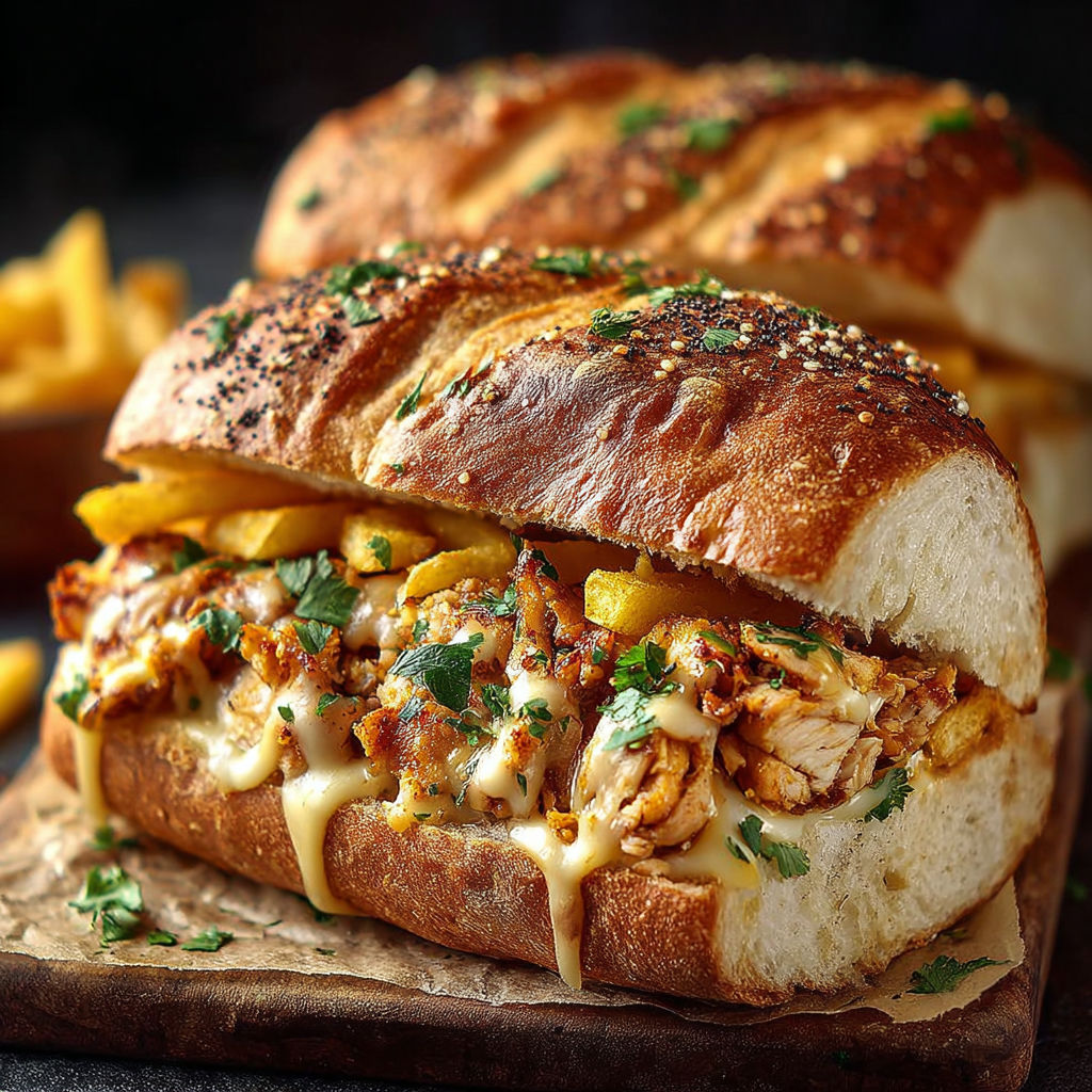 Un sandwich au poulet et aux pommes de terre, avec une sauce au fromage et des herbes fraîches.