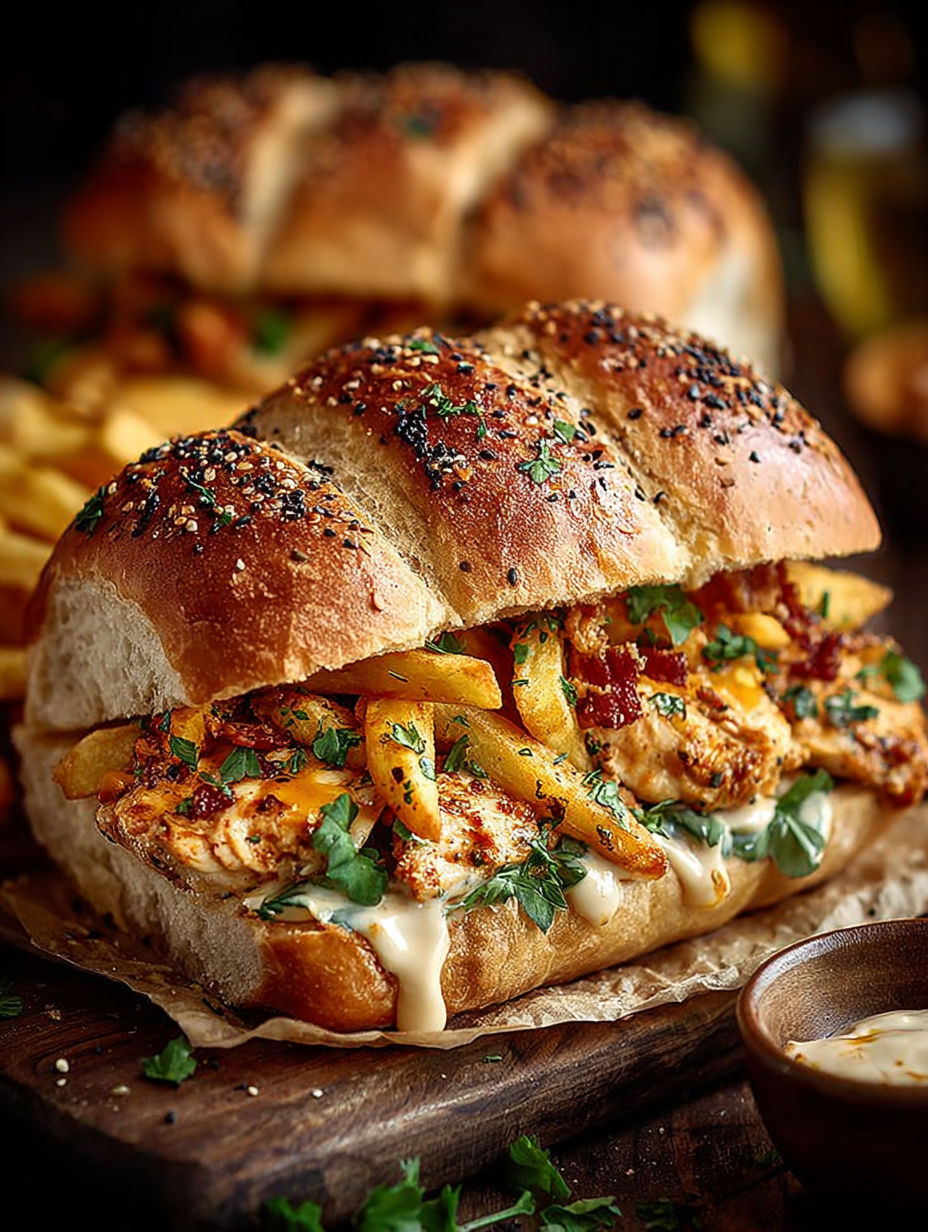 Une sandwich de poulet et pommes de terre avec des herbes et des sauces.