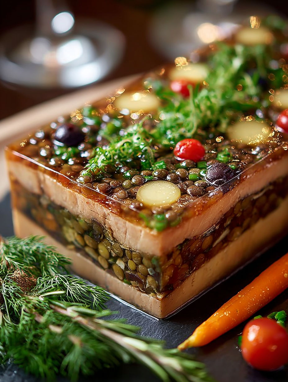 Une tarte au citron et aux carottes, avec des légumes verts et des graines de lin, est servie sur un plateau.