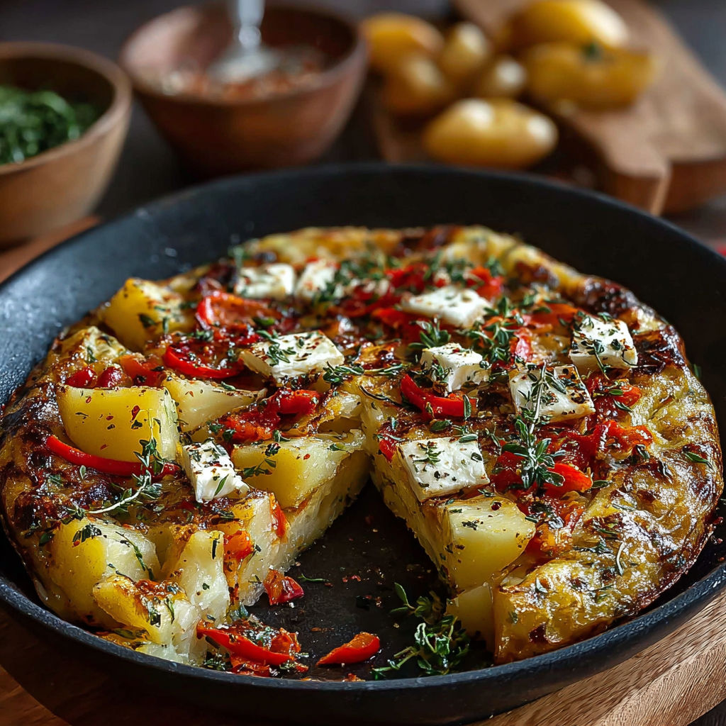 Une tortilla espagnole aux poivrons et fromage facile, prête à être servie.