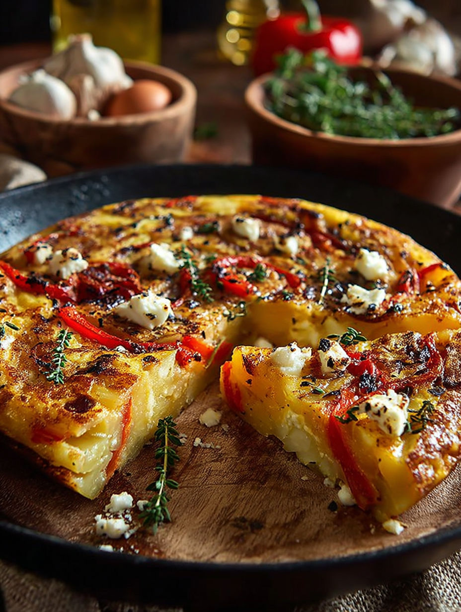 Une tarte aux pommes de terre et aux tomates, avec des herbes et des fromages, est servie sur un plateau.