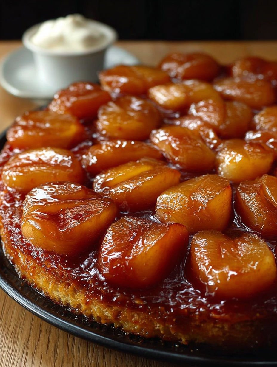 Une tarte aux pommes chaude et délicieuse, avec une crème de caramel en dessous.