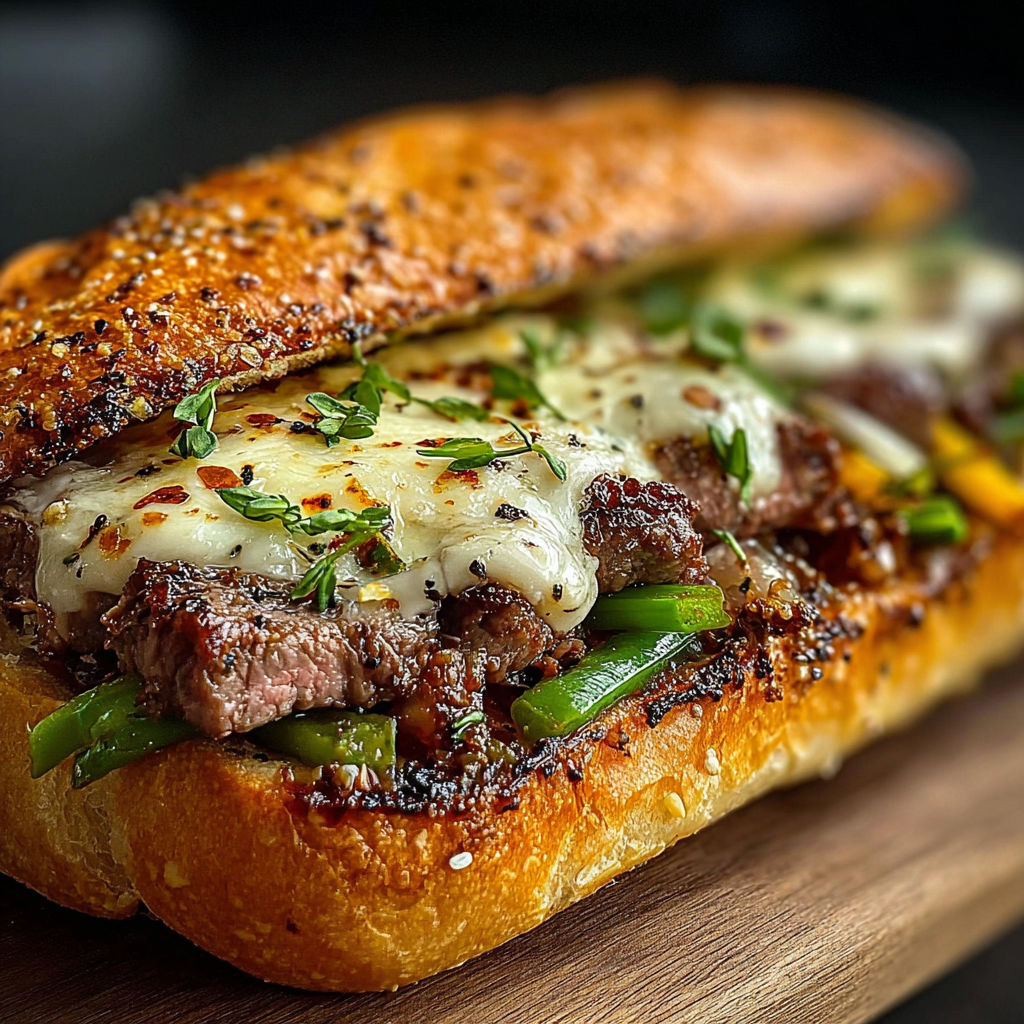 Un sandwich de steak avec des légumes grillés et du fromage.