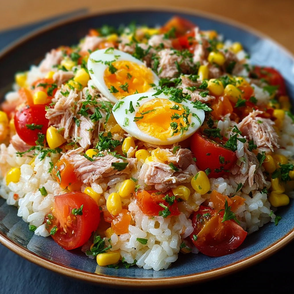 Une assiette de riz et de tomates avec des oeufs et des légumes.