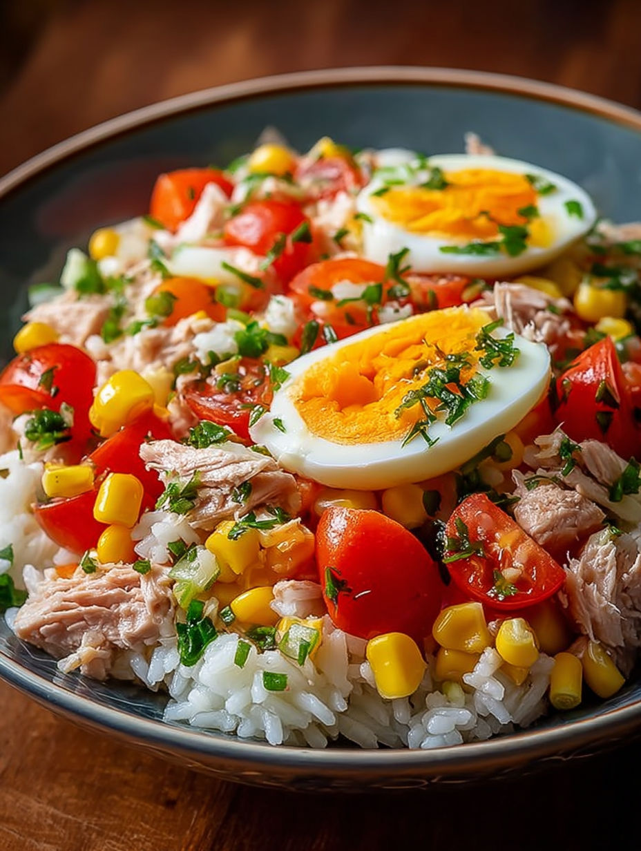 Une assiette de riz et de tomates, avec des oeufs et des herbes, est un plat frais et complet.
