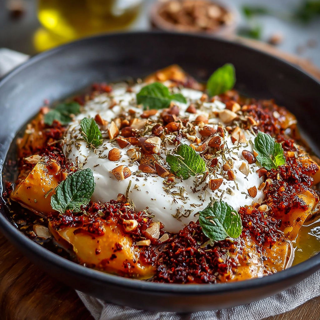 Une recette de pâtes à la harissa et burrata est servie dans un bol noir.