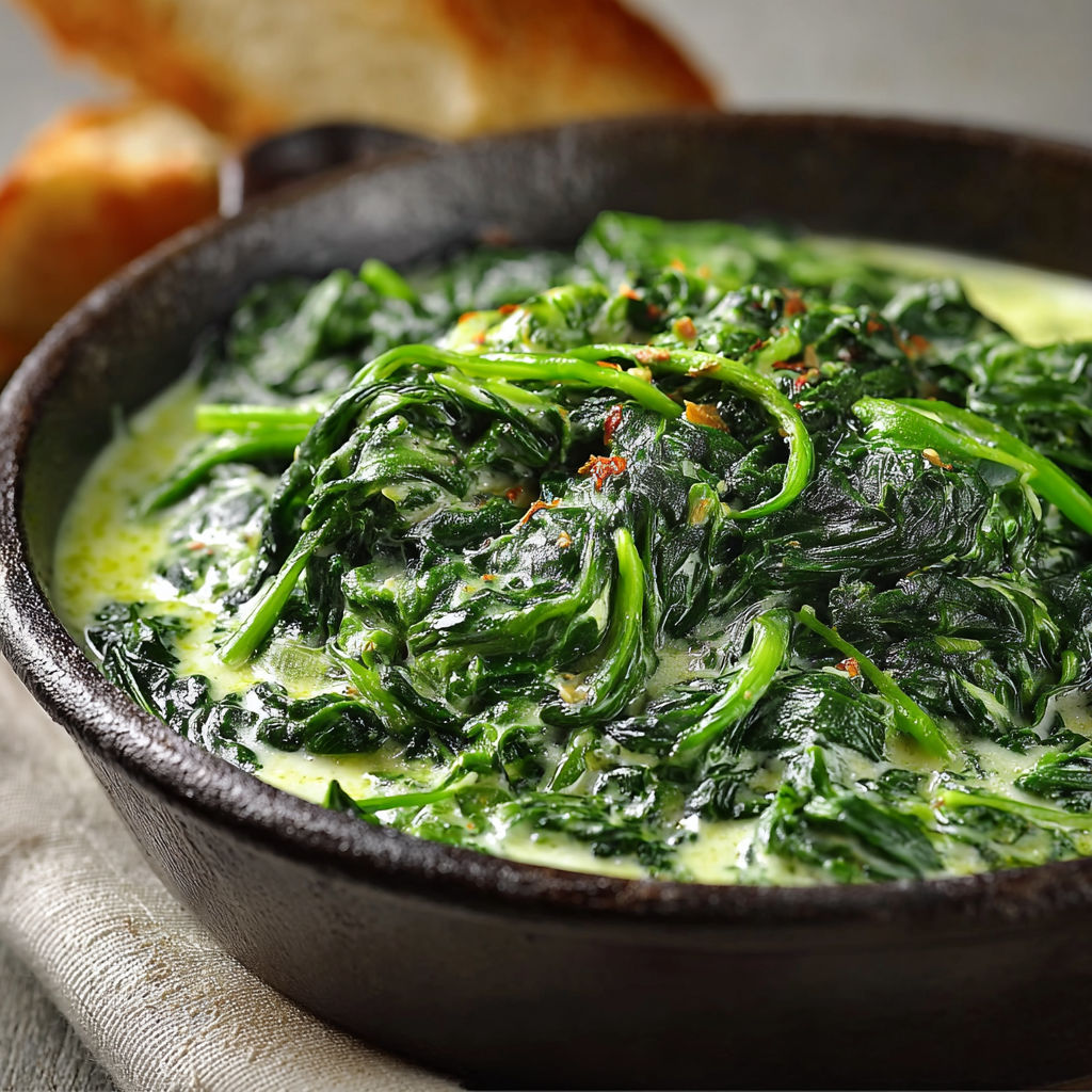 Une assiette de spinach à la crème maison, avec du pain et une tranche de pain.
