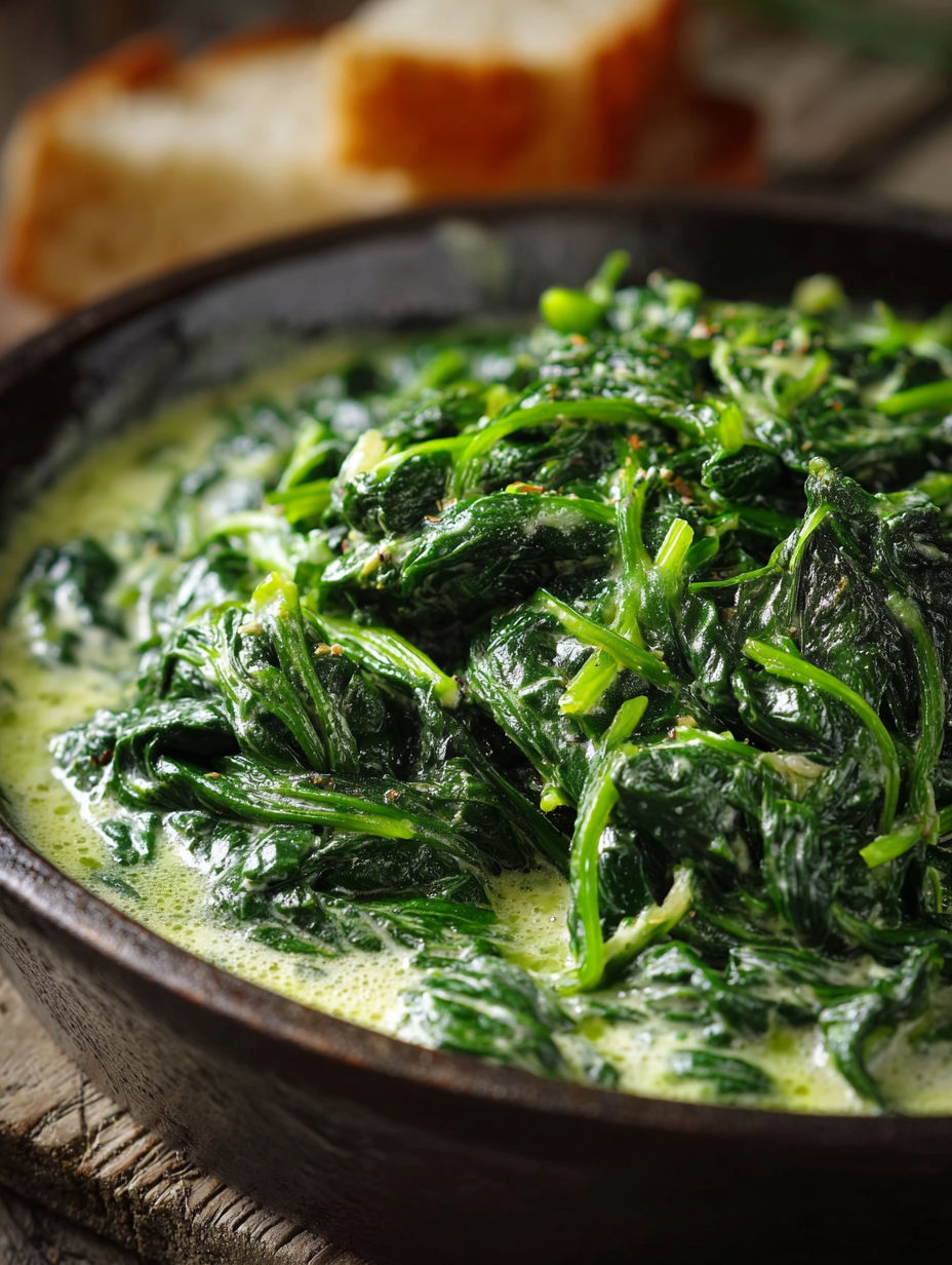 Une assiette de spinachs à la crème maison, avec des épinards verts et des herbes fraîches.