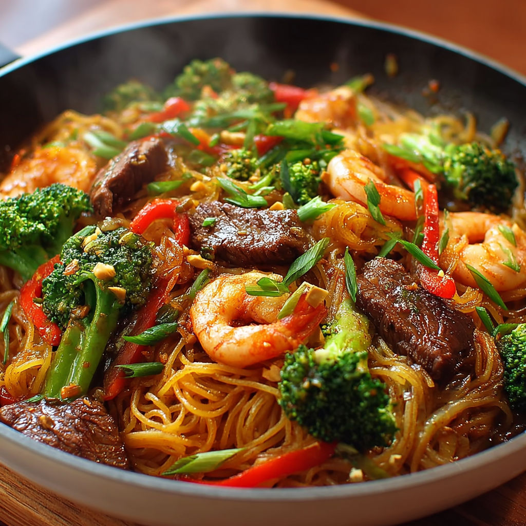Une poêle remplie de nouilles huile pimentée et cacahuète, avec des légumes tels que des brocolis et des poivrons.