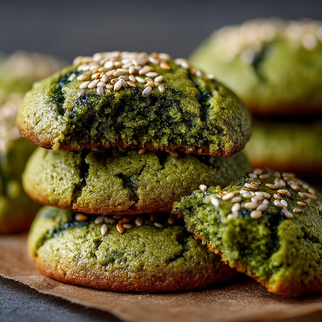 Unsweetened cookies with sesame seeds and green tea powder.