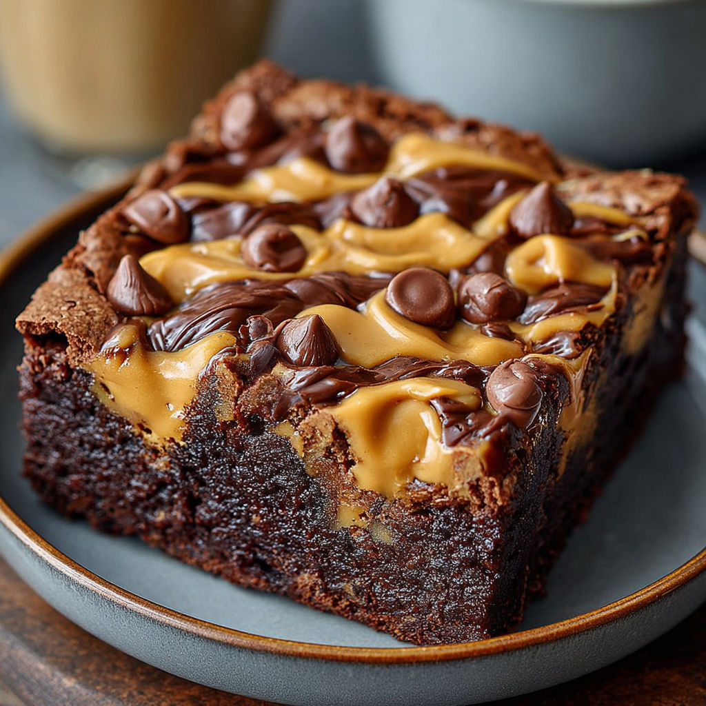 Une portion de Brownie au Beurre de Cacahuète, avec des morceaux de chocolat et de beurre de cacahuète, est servie sur un plateau.
