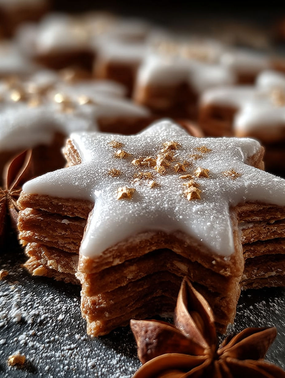 Une délicieuse tarte aux pommes, garnie de paillettes dorées, est servie sur une table.