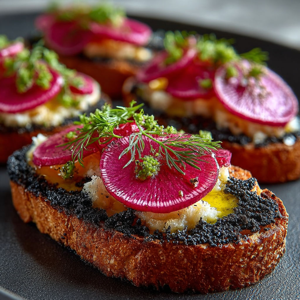 Les toasts de radis noir avec tarama.