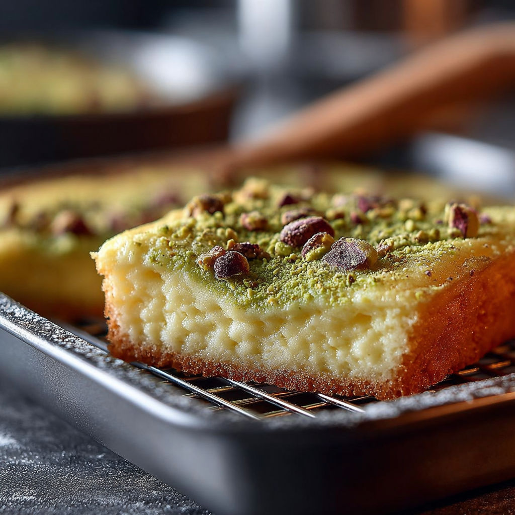Une tarte aux pistaches et chocolat, cuite dans un moule en métal, est servie sur un plateau.