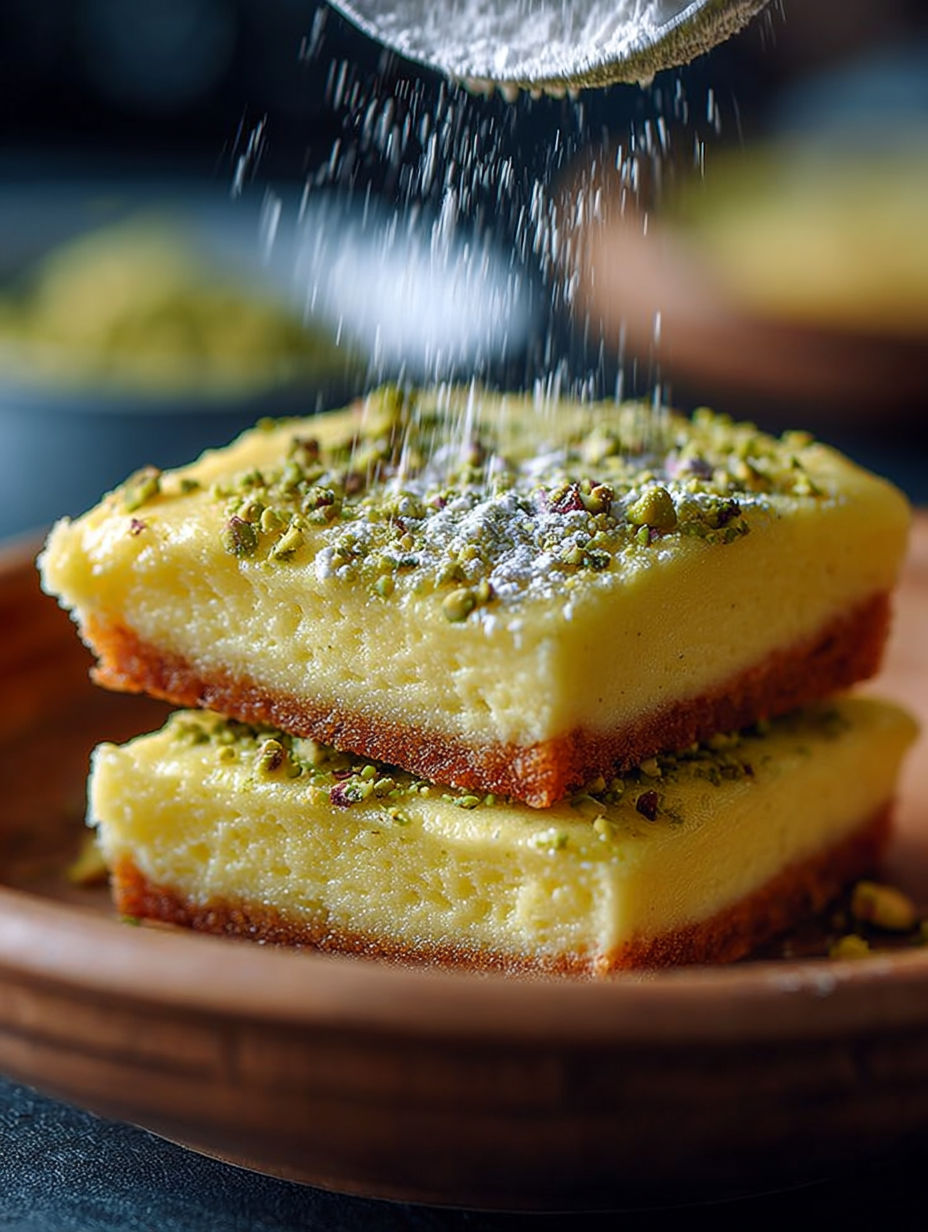 Une tarte aux pistaches en pile sur un plateau.