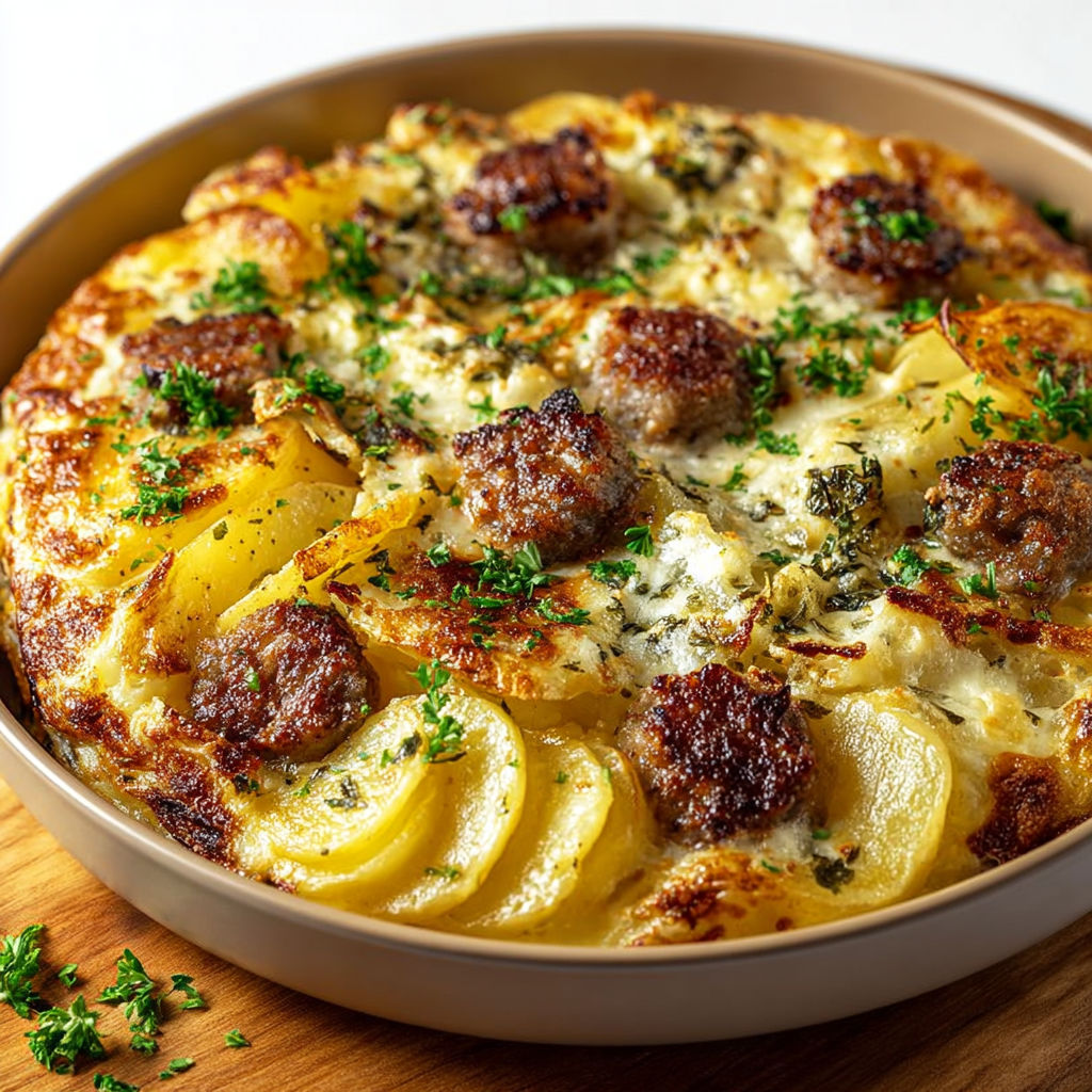 Un plat de gratin de pommes et saucisse, avec des herbes et des légumes.