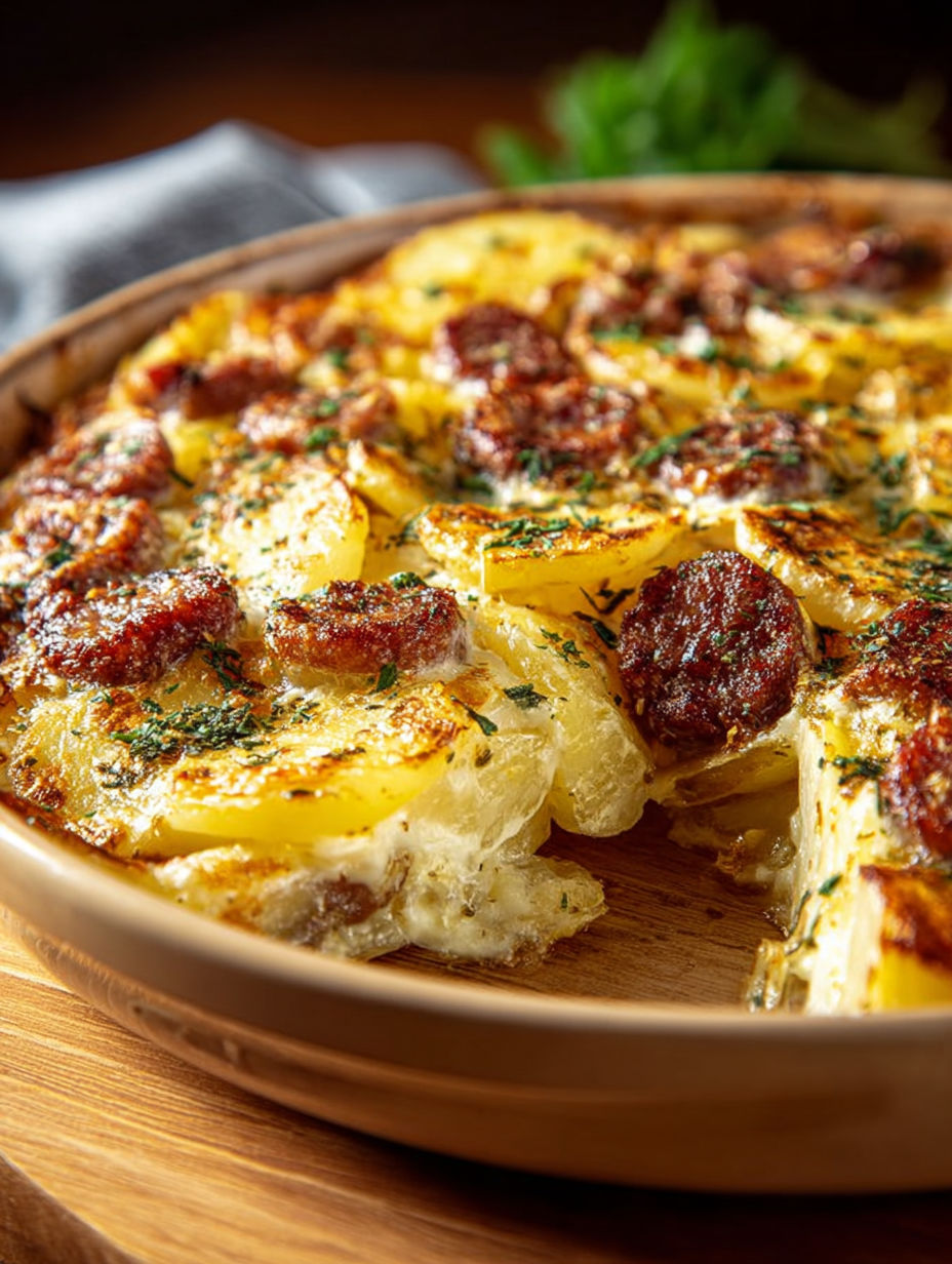 Une tarte aux pommes et aux lardons, servie sur un plateau en bois.