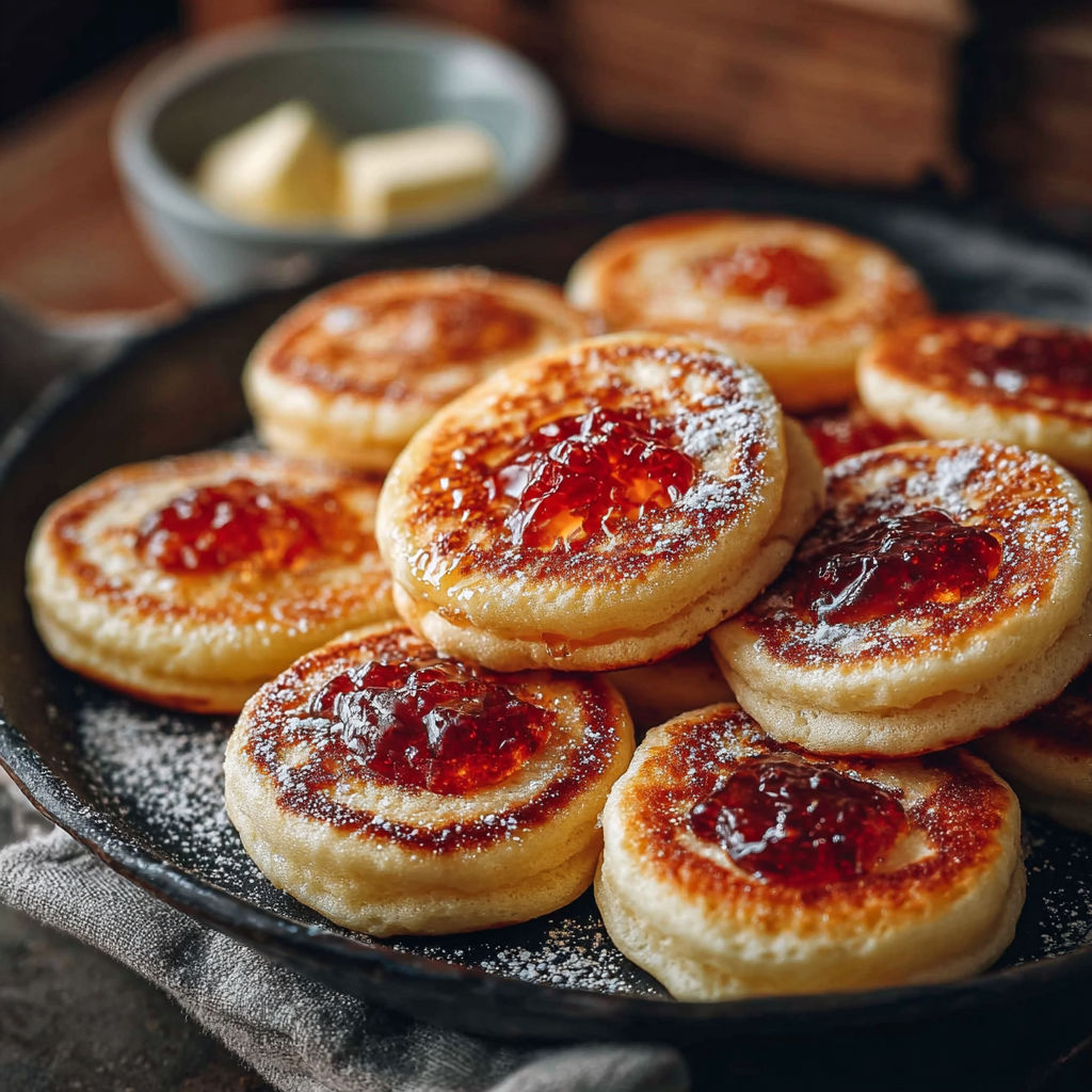 Une plaque de mini pancakes moelleux faciles, garnis de jus de fruits, est prête à être servie.