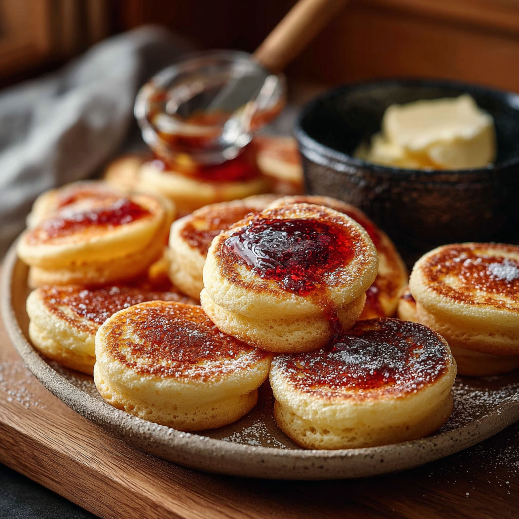 Une plaque de mini pancakes moelleux faciles, avec des garnitures de sirop et de beurre.