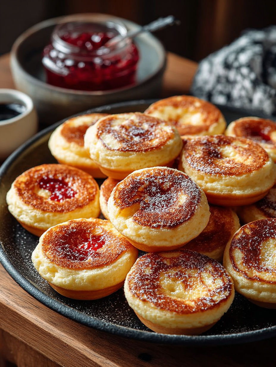 Une plaque de mini pancakes moelleux faciles, avec des fruits rouges et des grains de sucre, prêts à être mangés.
