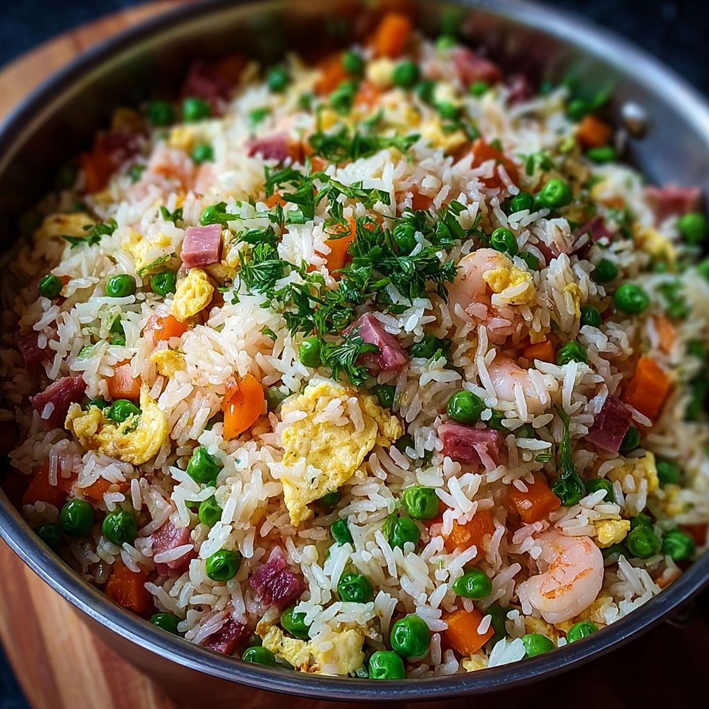 Riz Cantonais Maison est un plat de riz avec des légumes et des viandes.