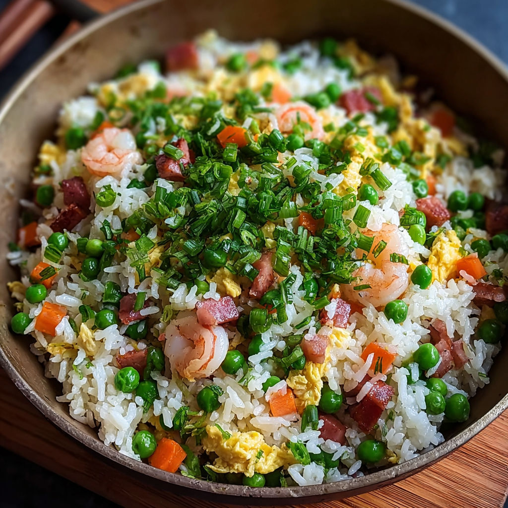 Une recette de riz et légumes, avec des carottes, des pois, des épinards et des shrimps, est servie dans un bol en bronze.