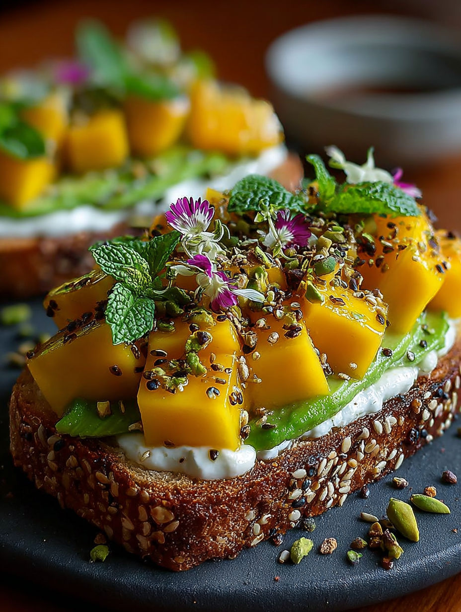 Une tartine de pain grillé avec des fruits de mer et des épinards.