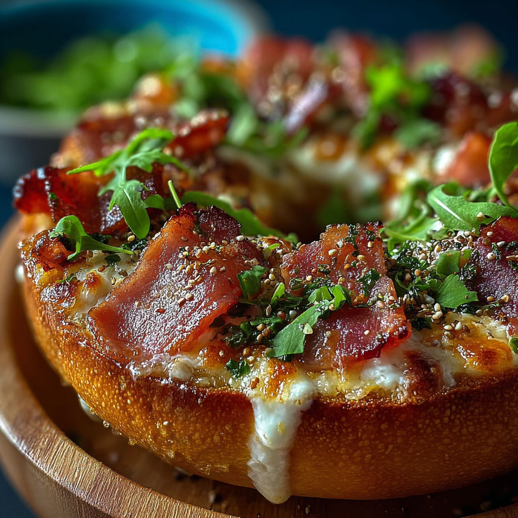 Un déjeuner gourmand avec des bacon, des herbes et des légumes sur un bagel.