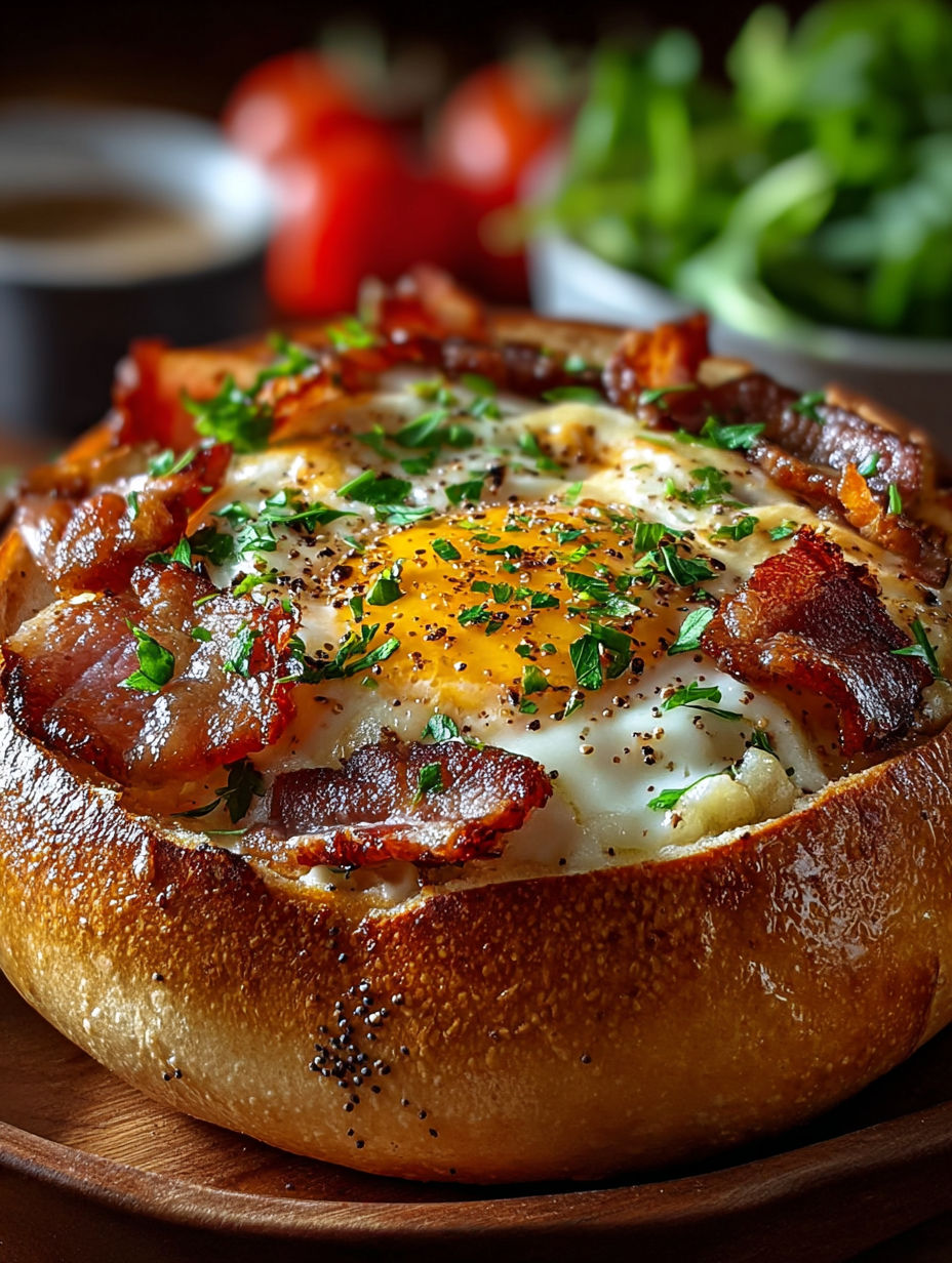 Une quiche aux bacon et aux tomates, servie sur un plateau avec des légumes verts.