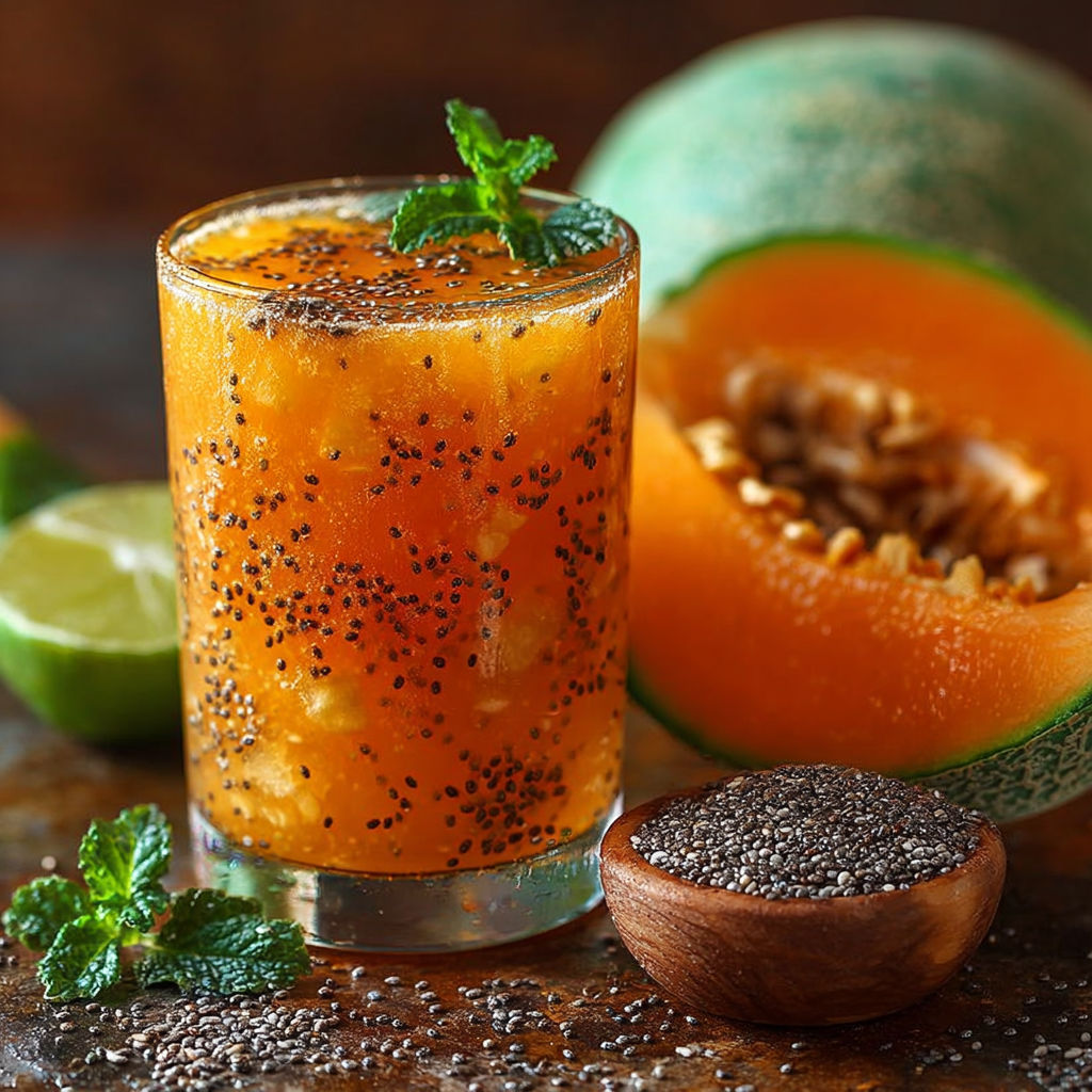 Une tasse de jus de citron et de mélange de fruits est servie avec une poire et des graines de lin.