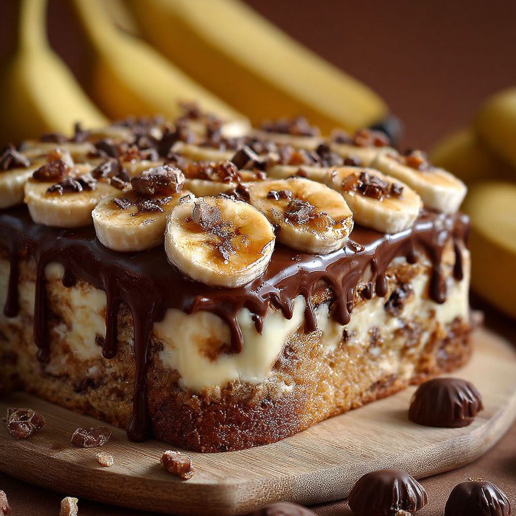 Un gâteau Banane Beurre de Cacahuète est présenté sur une table avec des bananes et des noix de cacahuète.