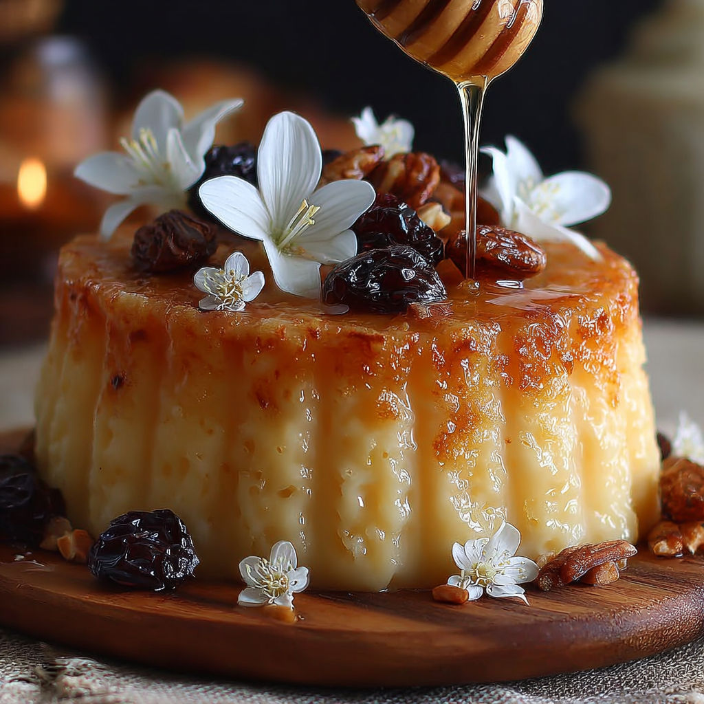 Un gâteau semoule traditionnel méditerranéen est décoré avec des fruits et des graines, et une sauce de miel est versée dessus.