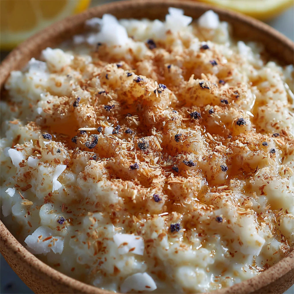 Une recette de Boulgour Sucré Lait Coco Pavot est servie dans un bol en céramique.