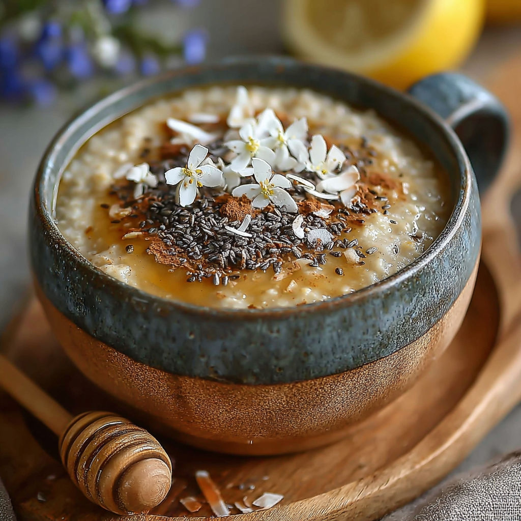 Une tasse de café au lait avec des flocons d'avoine et des fleurs de cerisier.