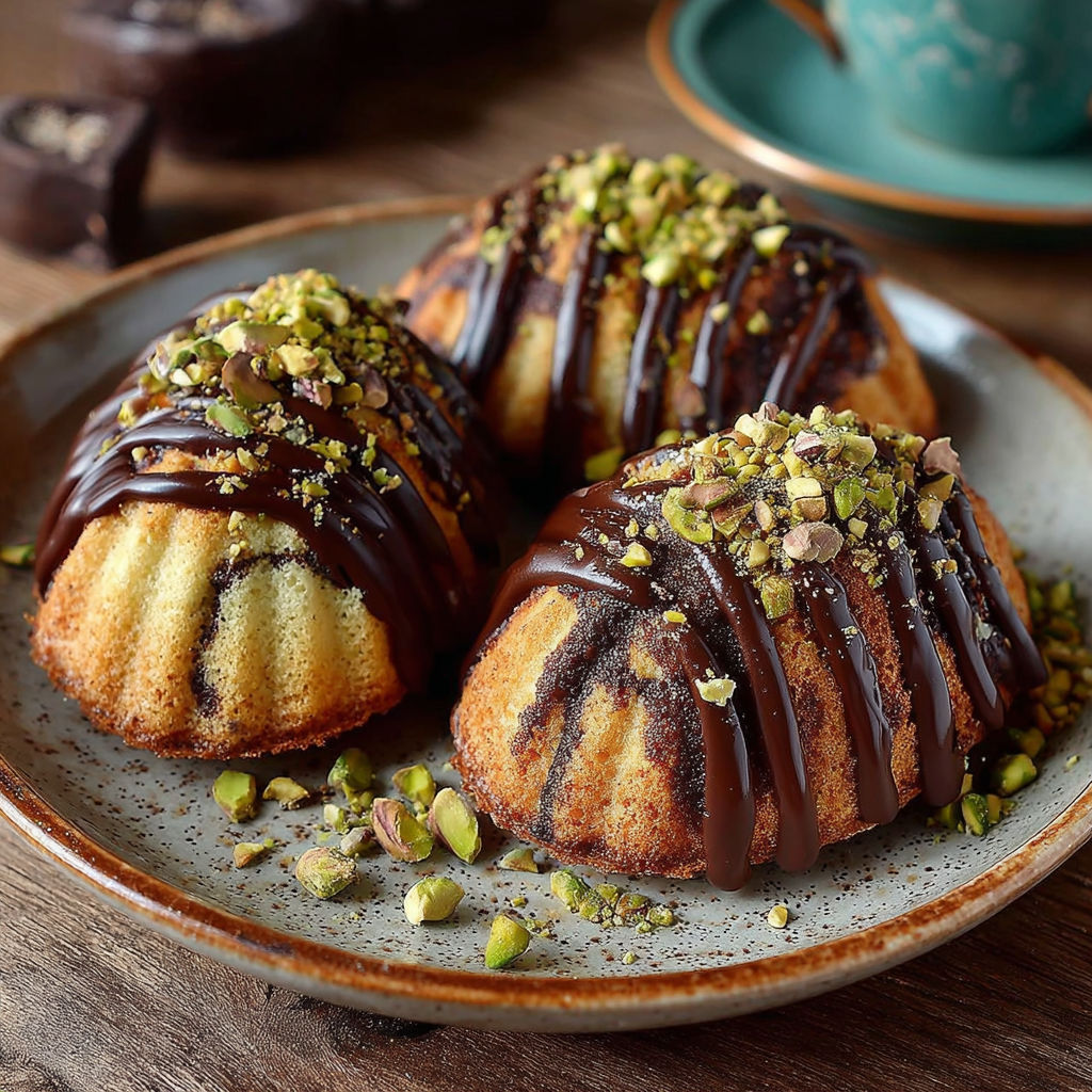Une tarte aux noix et chocolat, garnie de pistaches, est servie sur un plateau.